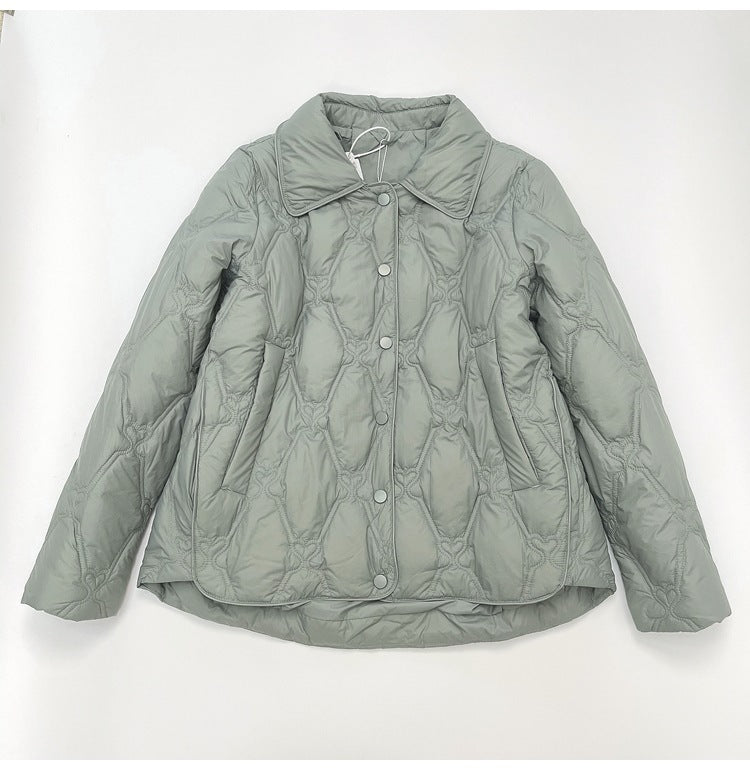 Women Short Cut Quilted Jacket with Decorative Stitching and Rounded Hem Amarae