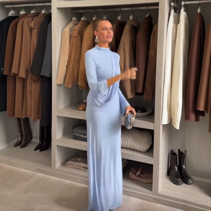 Women's Maxi Dress with Draped Front, Stand Collar and Bell Sleeves Amarae