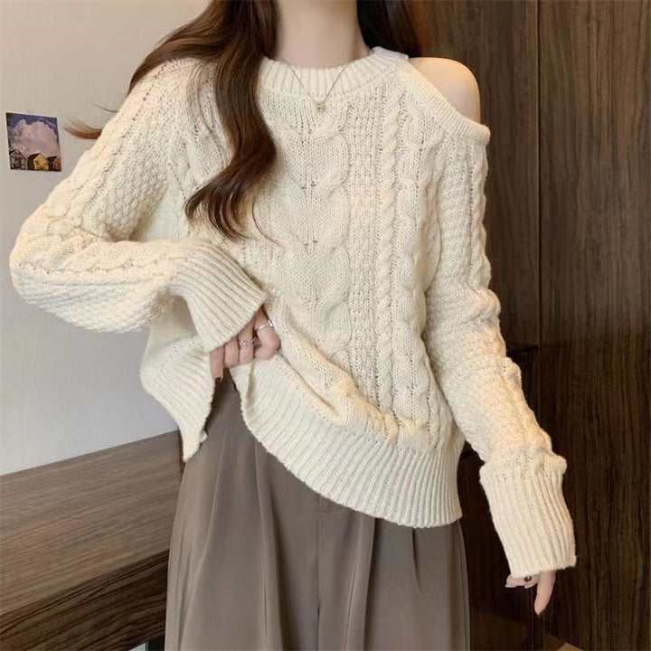 Pull en tricot épais pour femmes avec design d'épaule asymétrique et motif en cable Chic & Stil