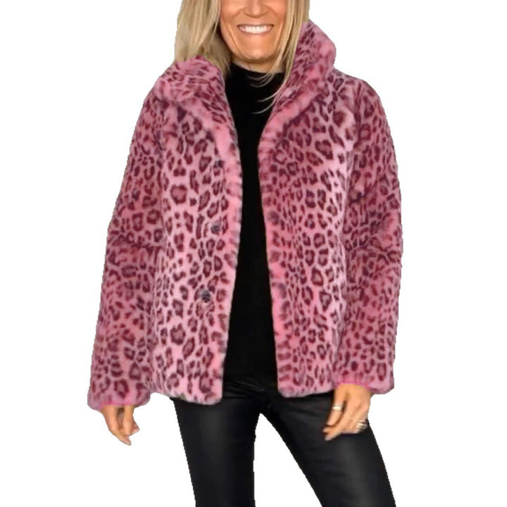 Ladies Leopard Print Faux Fur Jacket with High Collar Lune London