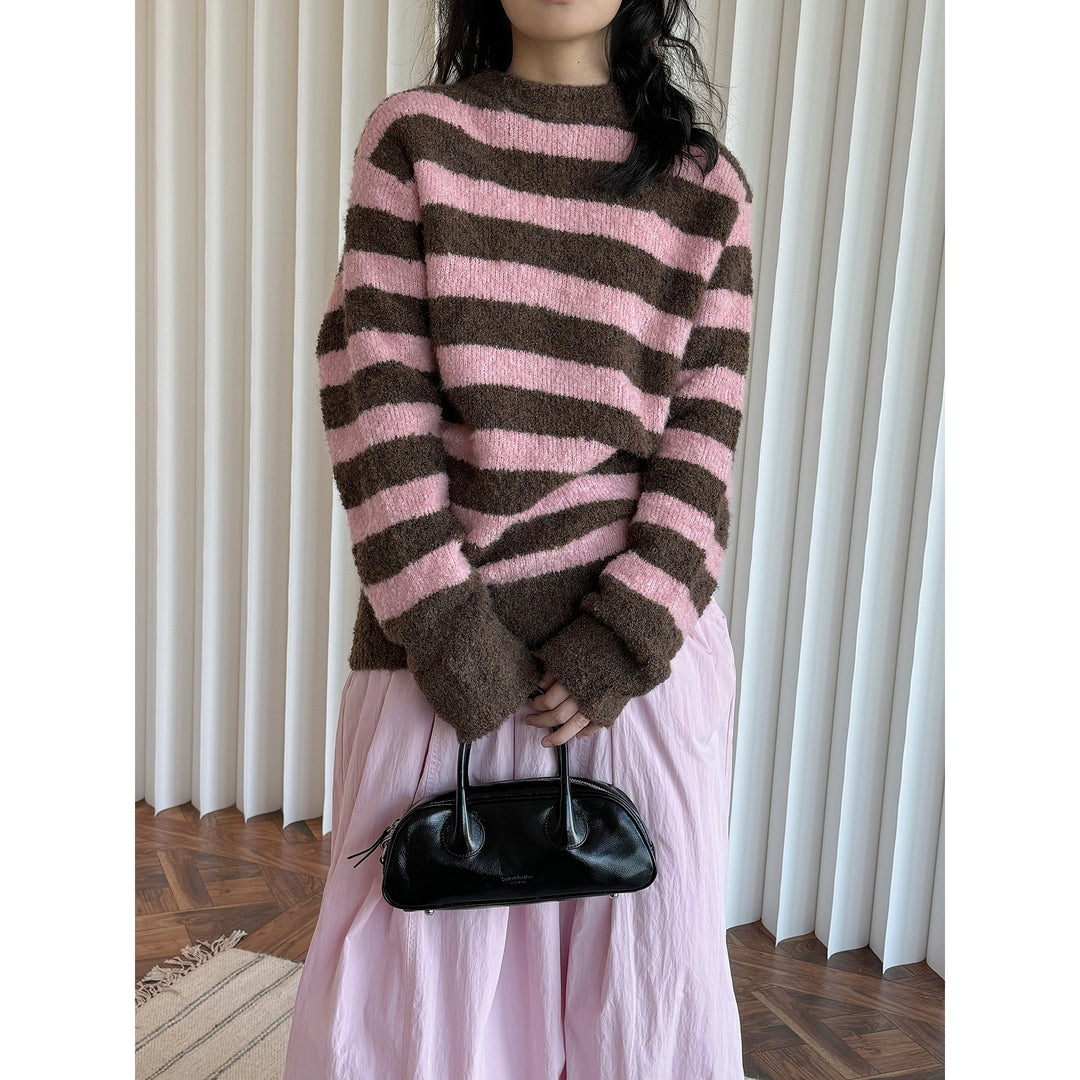 Women's Fluffy Boucle Striped Sweater with Round Neck and Relaxed Fit