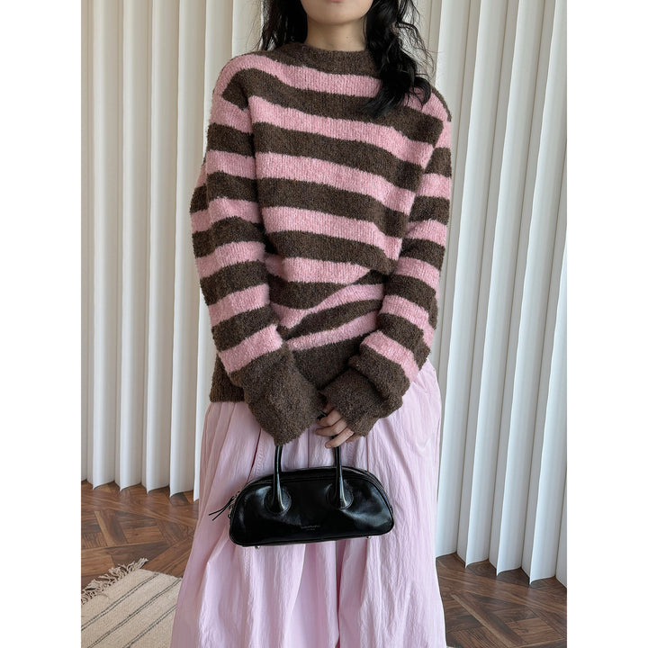 Women's Fluffy Boucle Striped Sweater with Round Neck and Relaxed Fit