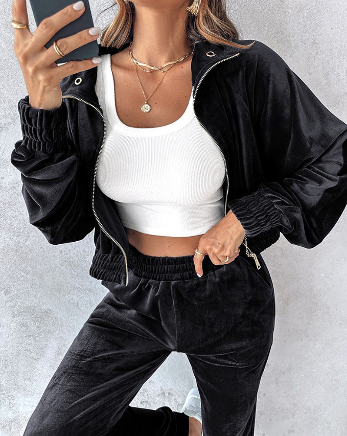 Ensemble de sport en velours pour femmes avec ourlet élastique et poches pratiques Chic & Stil