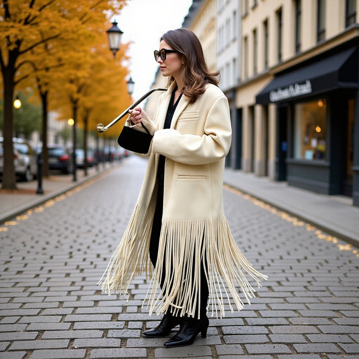 Women Longline Coat with decorative fringe trim and clean lapel collar Amarae