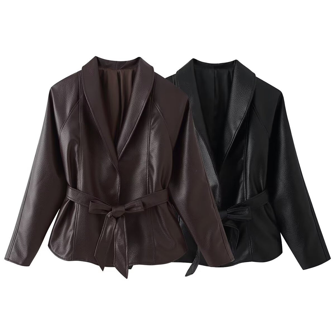 Women's short blazer made of vegan leather with shawl collar and waist tie belt Amarae