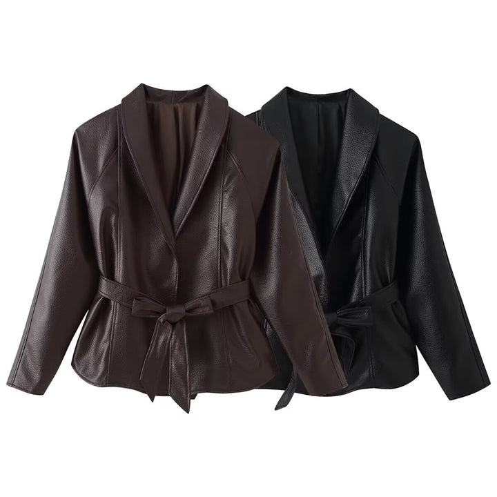 Women's short blazer made of vegan leather with shawl collar and waist tie belt Amarae