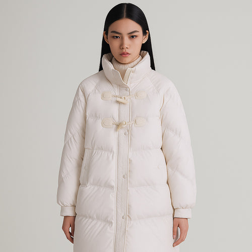 Elegant long coat for women with integrated buttons and a voluminous cut Amarae