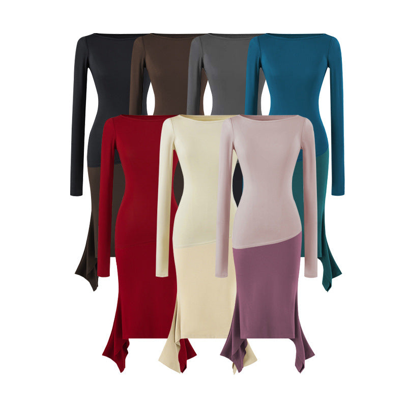 Women Figure-Hugging Midi Dress with Asymmetrical Hem and Panel Design Amarae