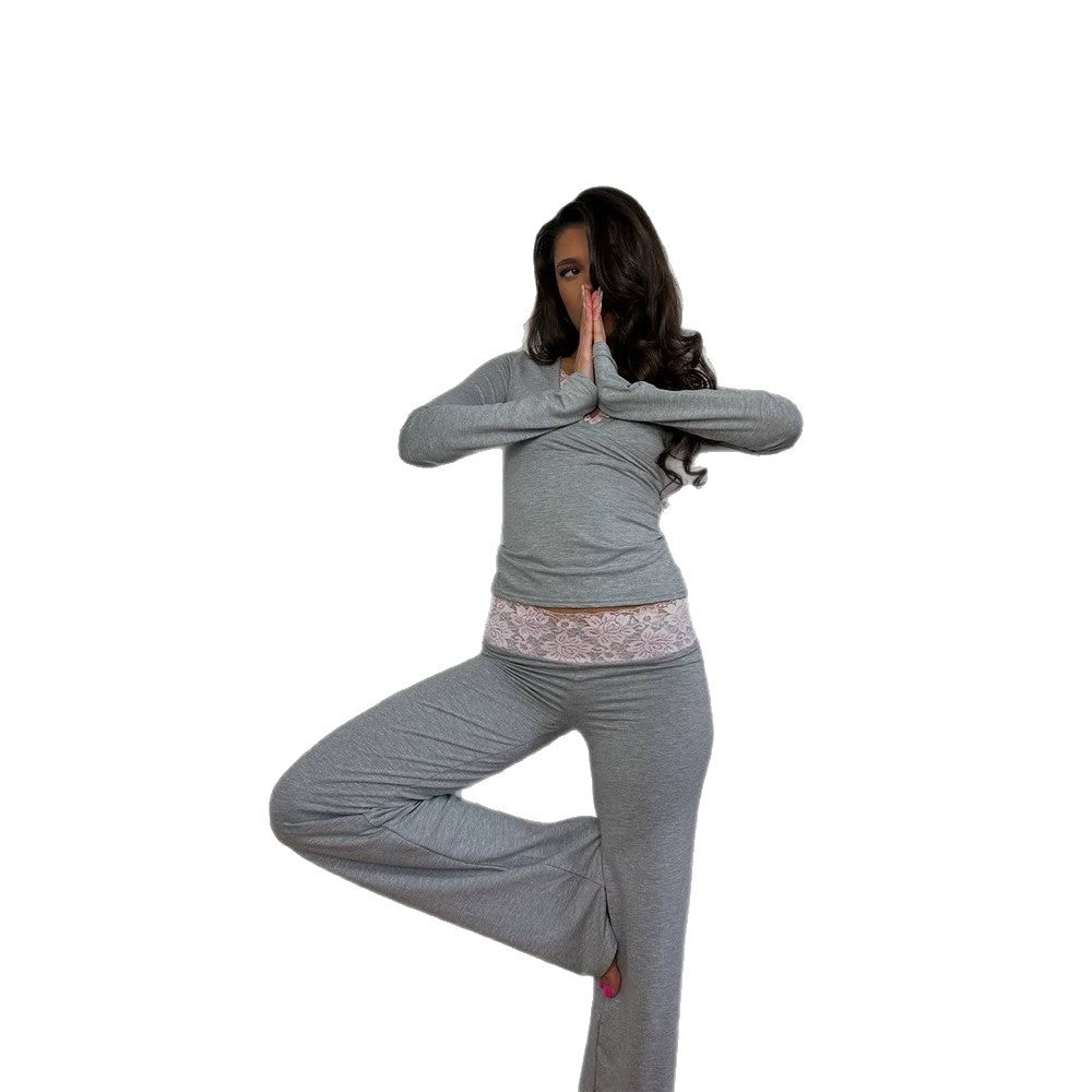Women Figure-Hugging Lounge Set with Lace Detail, High-Waist Leggings & Crop Top Amarae
