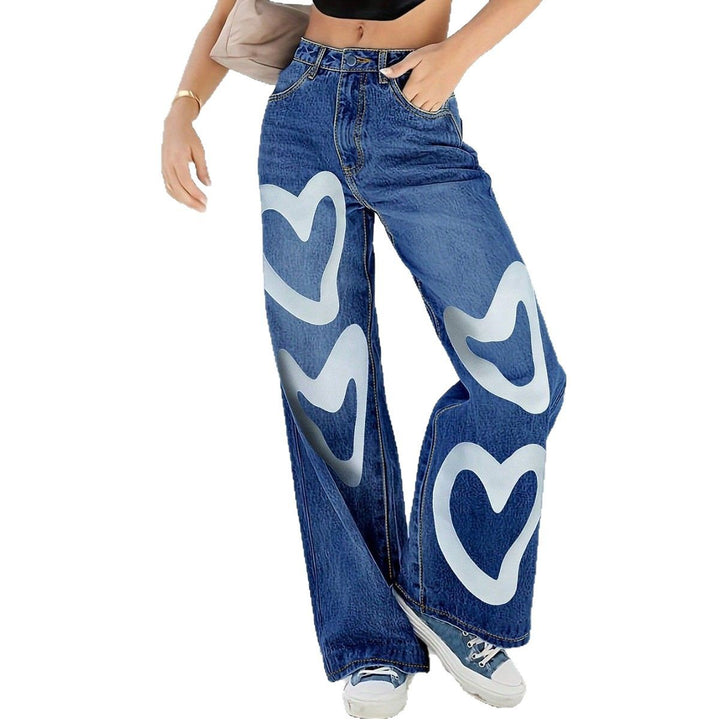 Ladies High-Waist Wide-Leg Jeans with large heart print Amarae
