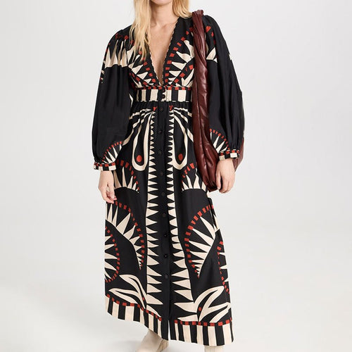 Maxi dress for women with an original geometric pattern and an elegant button placket Amarae