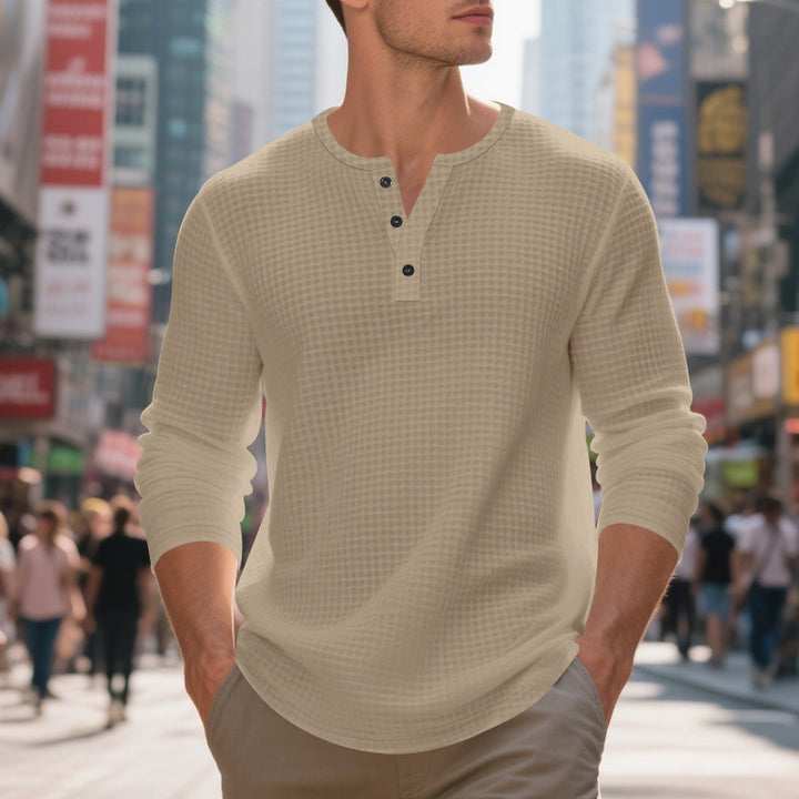Casual long sleeve Henley T-shirt for men with textured design Lune London