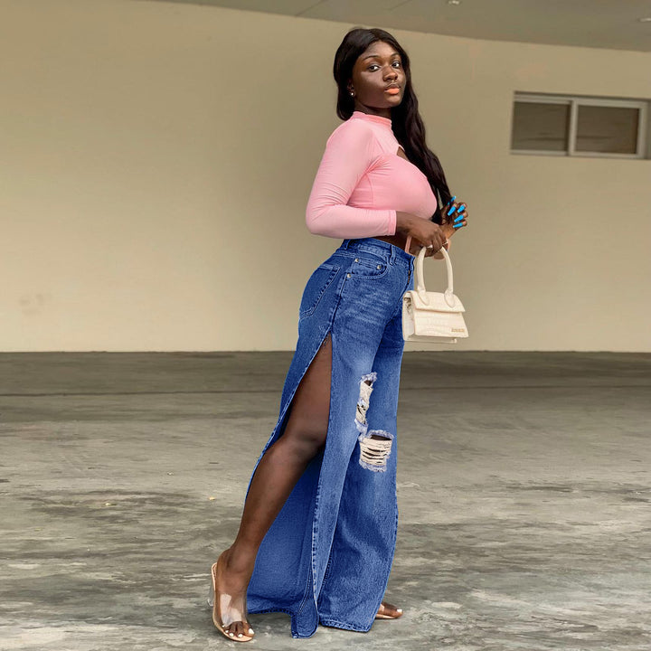 Ladies High-Waisted Wide-Leg Jeans with Knee Rips and Side Slits Amarae