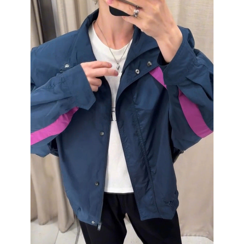 Women's Lightweight Oversized Windbreaker with High Stand-Up Collar and Contrast Stripes Amarae