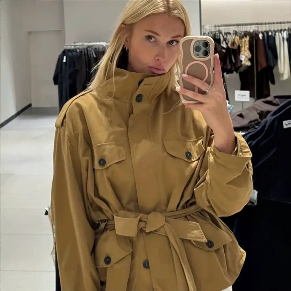 Women's Tailored Utility Jacket with Tie Belt, High Stand Collar and Flap Pockets Amarae