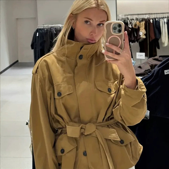 Women's Tailored Utility Jacket with Tie Belt, High Stand Collar and Flap Pockets Amarae