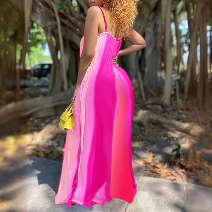 Maxi dress for women with a fluid color gradient and delicate spaghetti straps Lune London