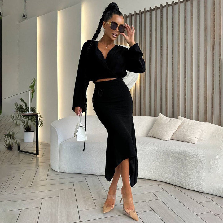 Asymmetrical hem wrap dress for women with elegant puff sleeves Lune London