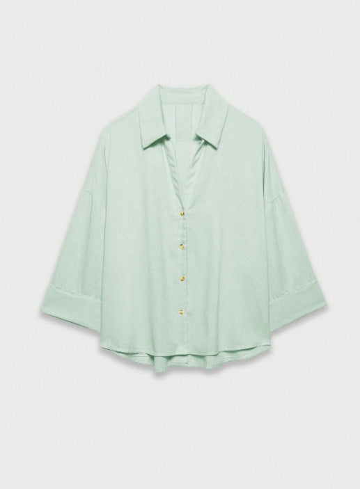Women's Lightweight Oversized Linen Look Blouse with Three-Quarter Sleeves and Full Button Placket Amarae