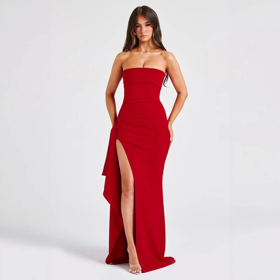 Women Elegant Strapless Evening Dress with Asymmetric Slit Lune London