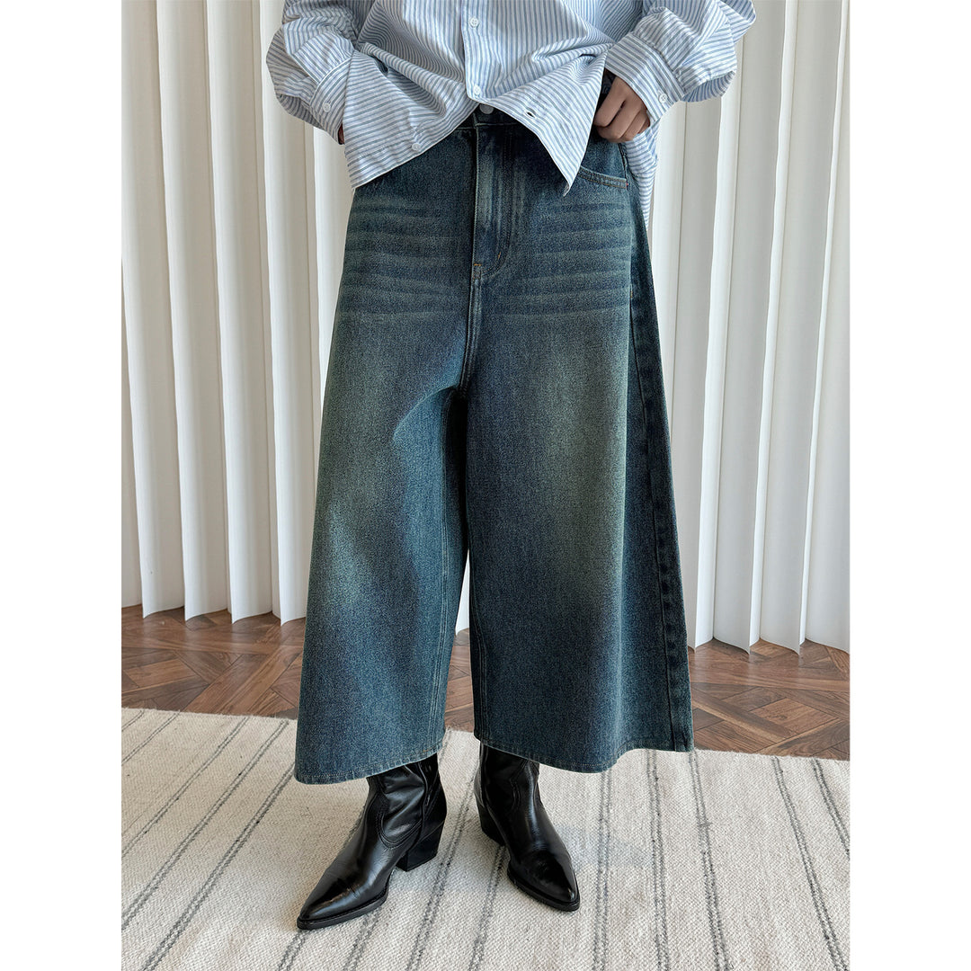 Ladies Wide High-Waist Denim Culotte in Cropped Baggy Style Amarae