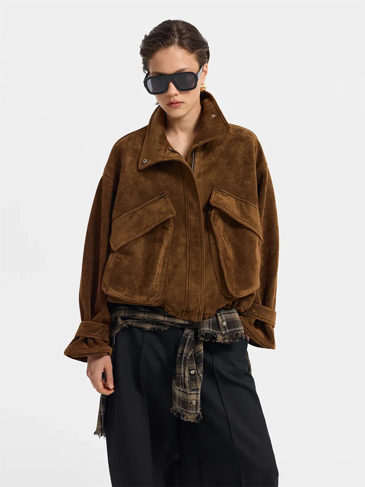 Ladies Oversize Suede Blouson with Large Flap Pockets and Stand-up Collar Amarae