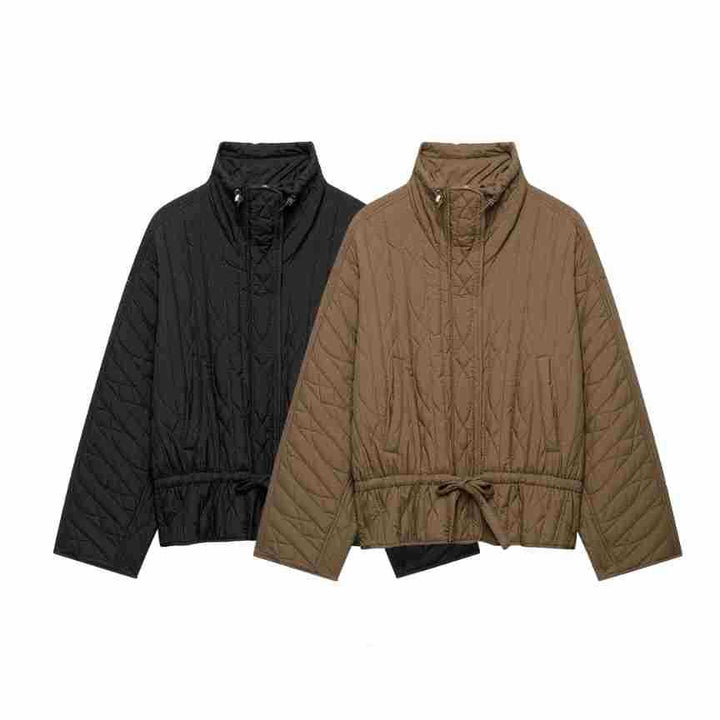 Women's short padded jacket with high stand collar, drawstring waist and oversized sleeves Amarae