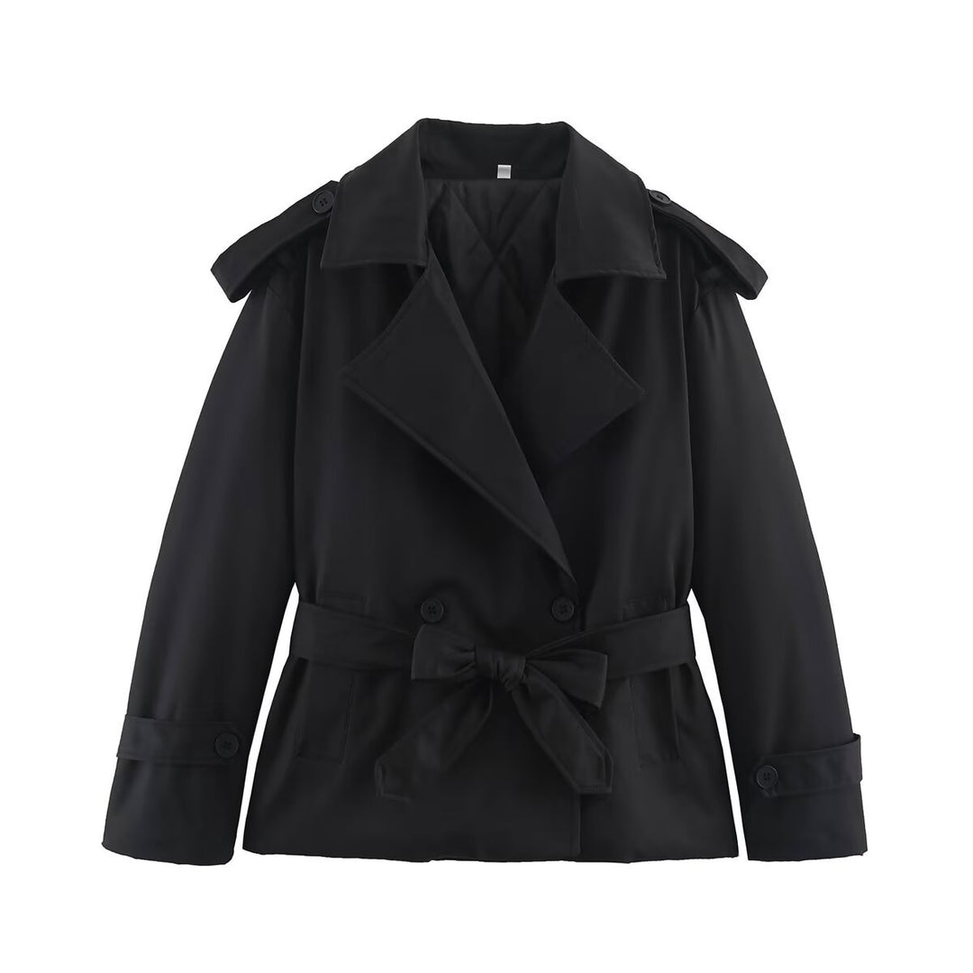 Women's Tailored Short Trench Coat with Tie Belt and Shoulder Patches Amarae