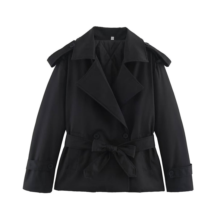 Women's Tailored Short Trench Coat with Tie Belt and Shoulder Patches Amarae