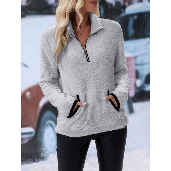 Women's fluffy fleece cuddle pullover with half zipper, kangaroo pocket and stand-up collar Amarae