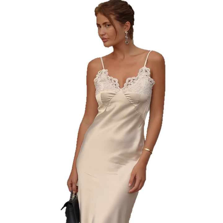Ladies elegant satin maxi dress with lace trim and narrow strap design Lune London