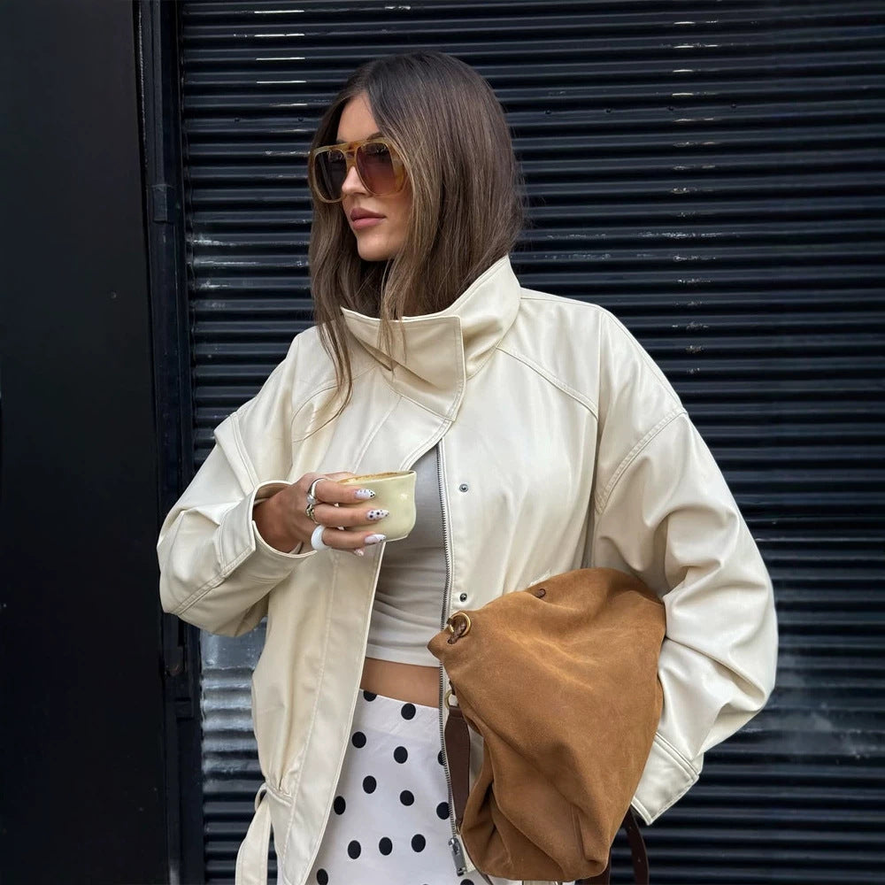 Women Oversized Faux Leather Jacket with High Stand-Up Collar and Drawstring Amarae