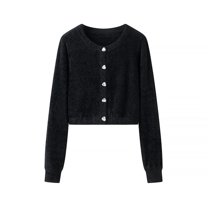 Women's Short Plush Cardigan with Sparkling Heart Buttons and Round Neck Amarae
