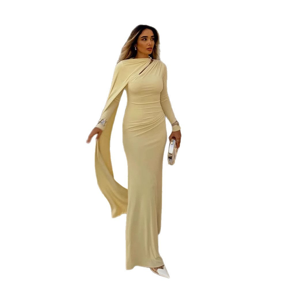 Women's Tailored Maxi Dress with Asymmetric Cape and High Collar Amarae