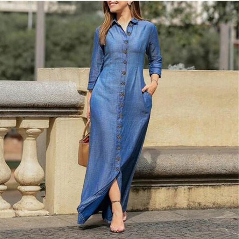 Maxi dress with long sleeves, button placket, and side pockets Lune London