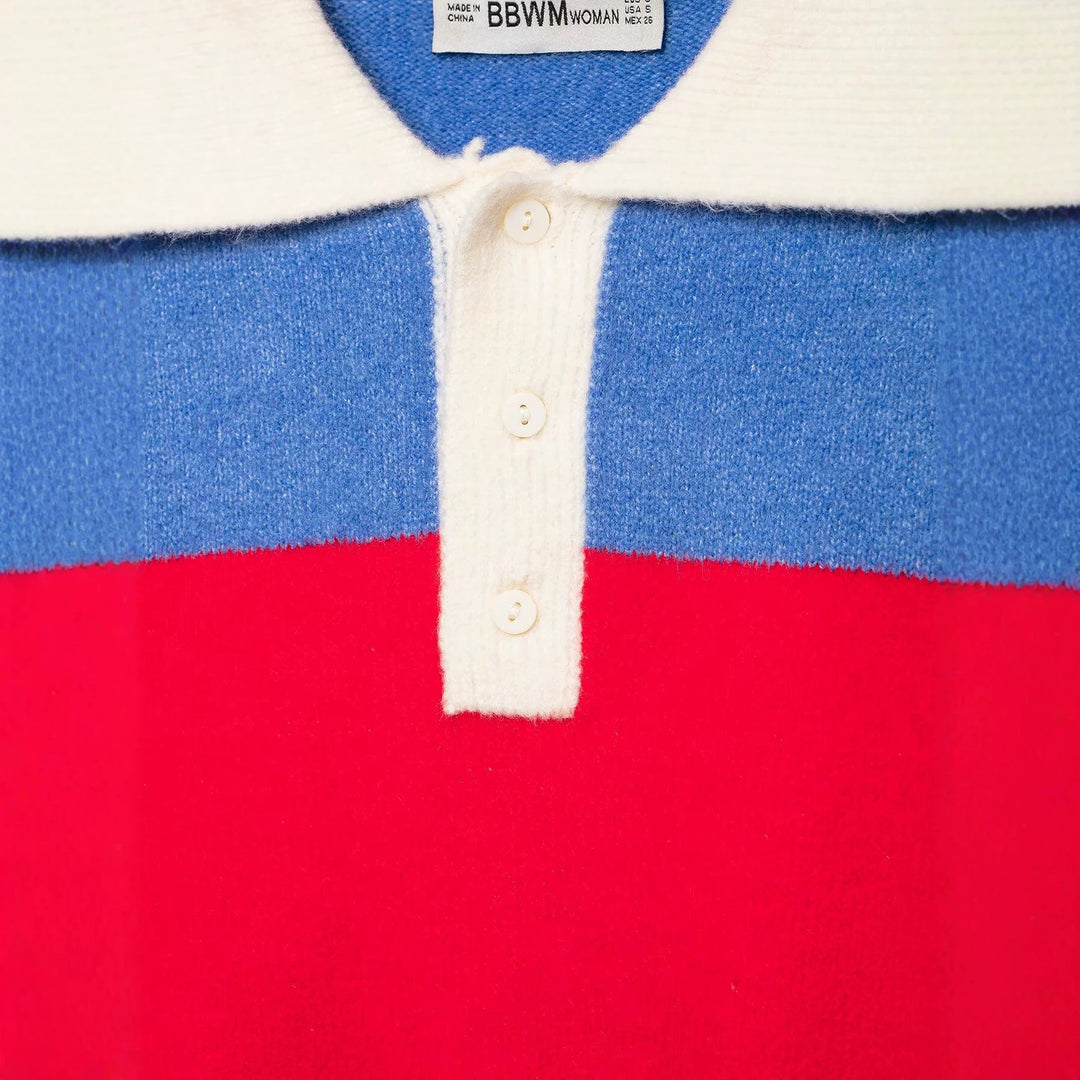 Women's Striped Rugby Sweater with Polo Collar and Short Cut Amarae