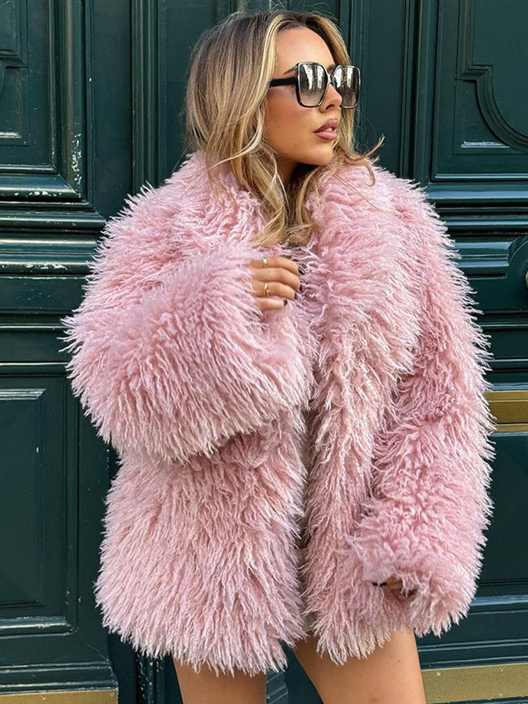 Women’s Short Cut Oversized Faux Fur Coat with Voluminous Shawl Collar and Curly Texture Amarae