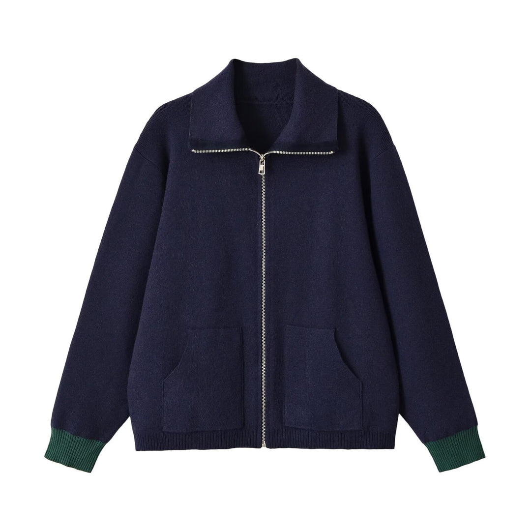 Women's Chunky Knit Oversized Zip Jacket with Stand-Up Collar and Patch Pockets Amarae