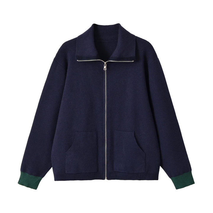 Women's Chunky Knit Oversized Zip Jacket with Stand-Up Collar and Patch Pockets Amarae