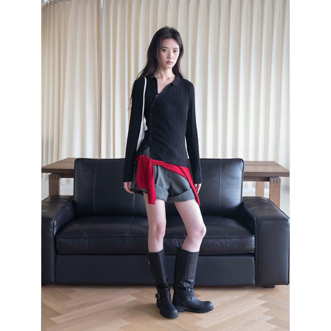 Women's fine knit long cardigan with kent collar and fine ribbed texture Amarae