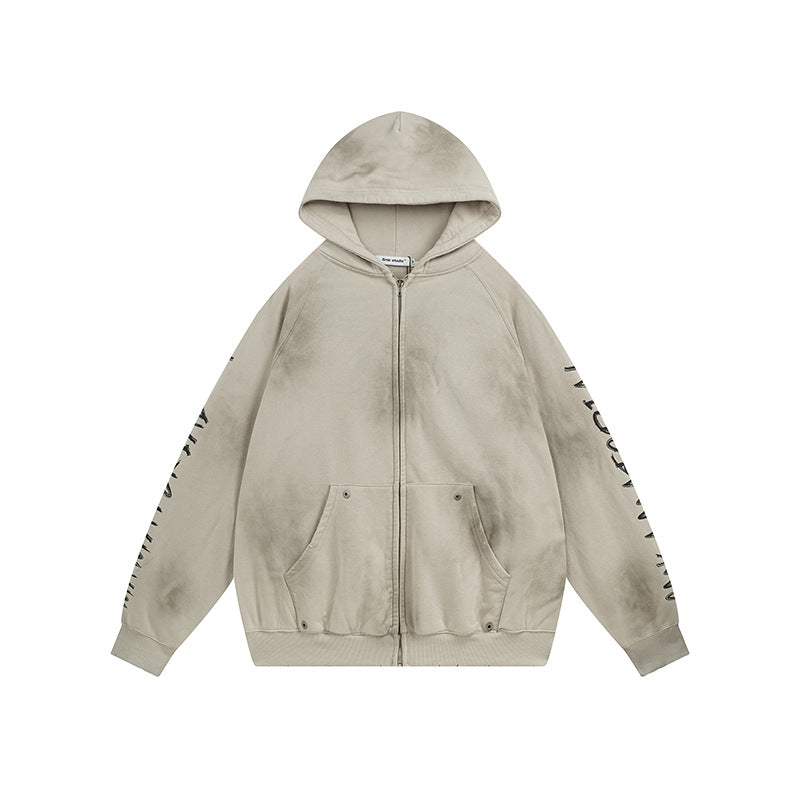 Unisex Oversize Hoodie with Vintage Tie Dye, Gothic Print and Raglan Sleeves Amarae