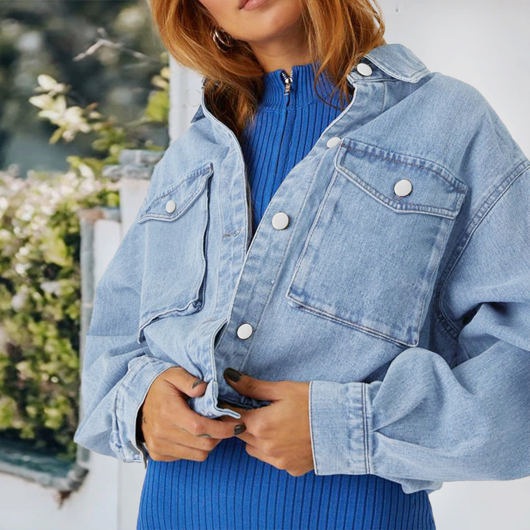 Women's Cropped Oversize Denim Jacket with Snap Button Front and Patch Chest Pockets Amarae