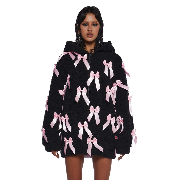 Fleece jacket for women with elaborate satin bows Lune London