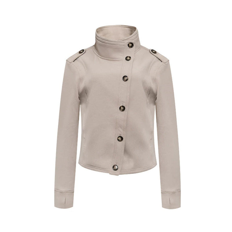 Ladies Short Wool Look Military Jacket with Standing Collar and Asymmetric Button Placket Amarae