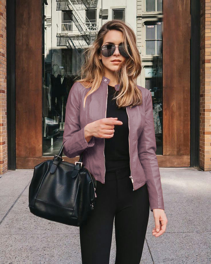 Ladies fitted faux leather biker jacket with stand-up collar and decorative seams Amarae