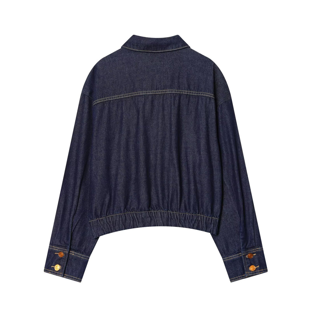 Women's Cropped Denim Jacket with Zipper, Tailored Drawstring and Flap Pockets Amarae