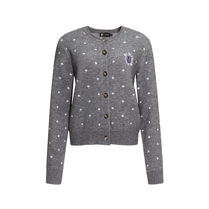Women's knit cardigan with round neck, polka dot jacquard and decorative badge Amarae