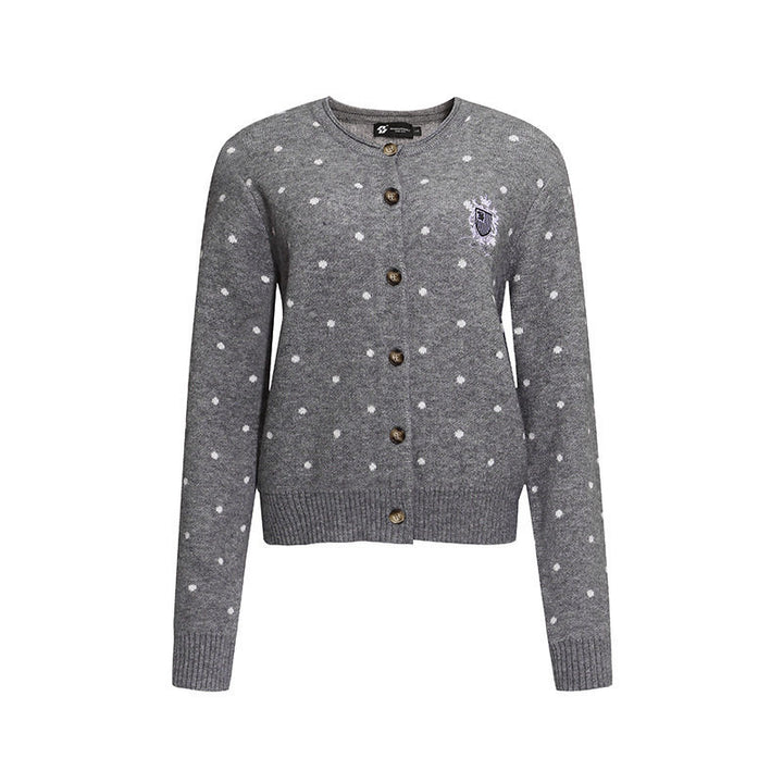 Women's knit cardigan with round neck, polka dot jacquard and decorative badge Amarae