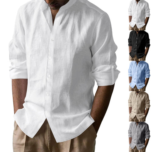 Men's Long Sleeve Shirt with Trendy Stand Collar and Chic Button Details