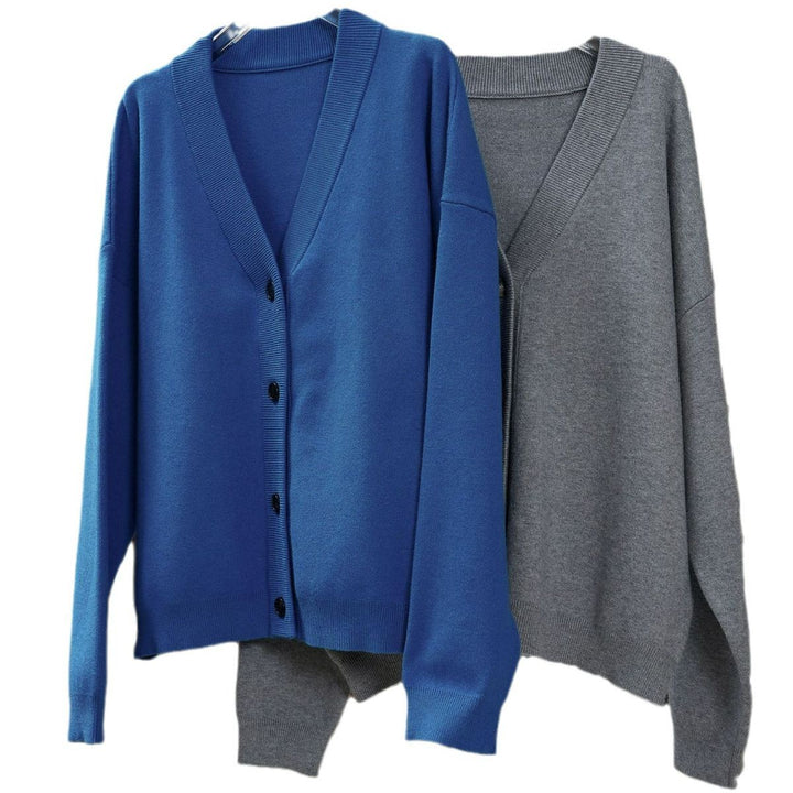 Women's Loose V-Neck Cardigan made of fine cotton blend with drop shoulder and button placket Amarae